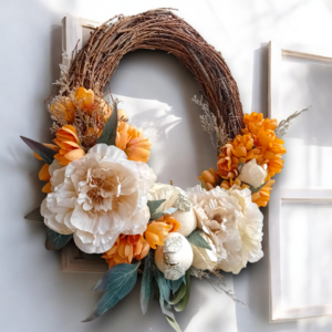 Στεφάνι ξύλινο με υφασμάτινες παιώνιες& αχλάδια!