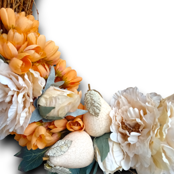 Στεφάνι ξύλινο με υφασμάτινες παιώνιες& αχλάδια!