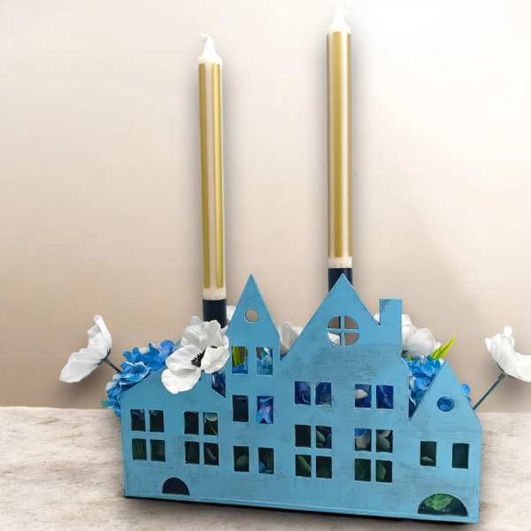 Ξύλινο διακοσμητικό κηροπήγιο με υφασμάτινα λουλούδια!