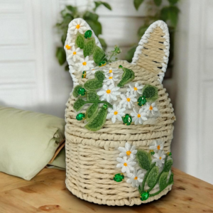 Καλάθι αποθήκευσης με καπάκι & κεντημένα λουλούδια!