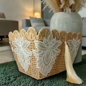 Πλεκτό καλάθι αποθήκευσης με δαντελένια στοιχεία!