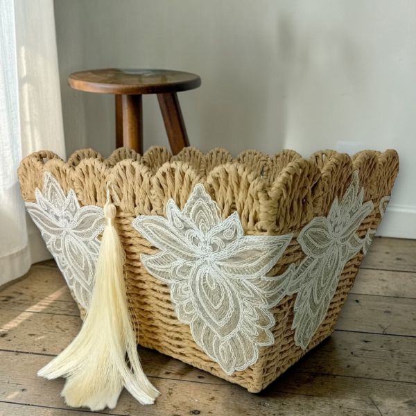 Πλεκτό καλάθι αποθήκευσης με δαντελένια στοιχεία!