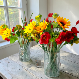 Διακοσμητική σύνθεση με λουλούδια σε γυάλινο βάζο!