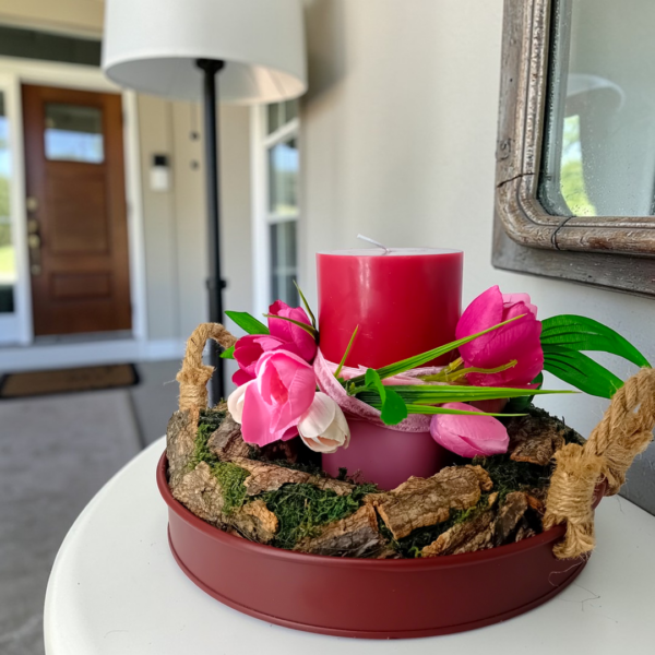 Διακοσμητική σύνθεση με δίσκο, κερί, στεφάνι & λουλούδια!