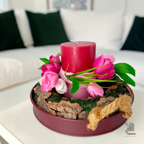 Διακοσμητική σύνθεση με δίσκο, κερί, στεφάνι & λουλούδια!